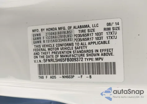 2015 Honda Odyssey Ex-L z USA, uszkodzony, nr VIN 5FNRL5H65FB009372